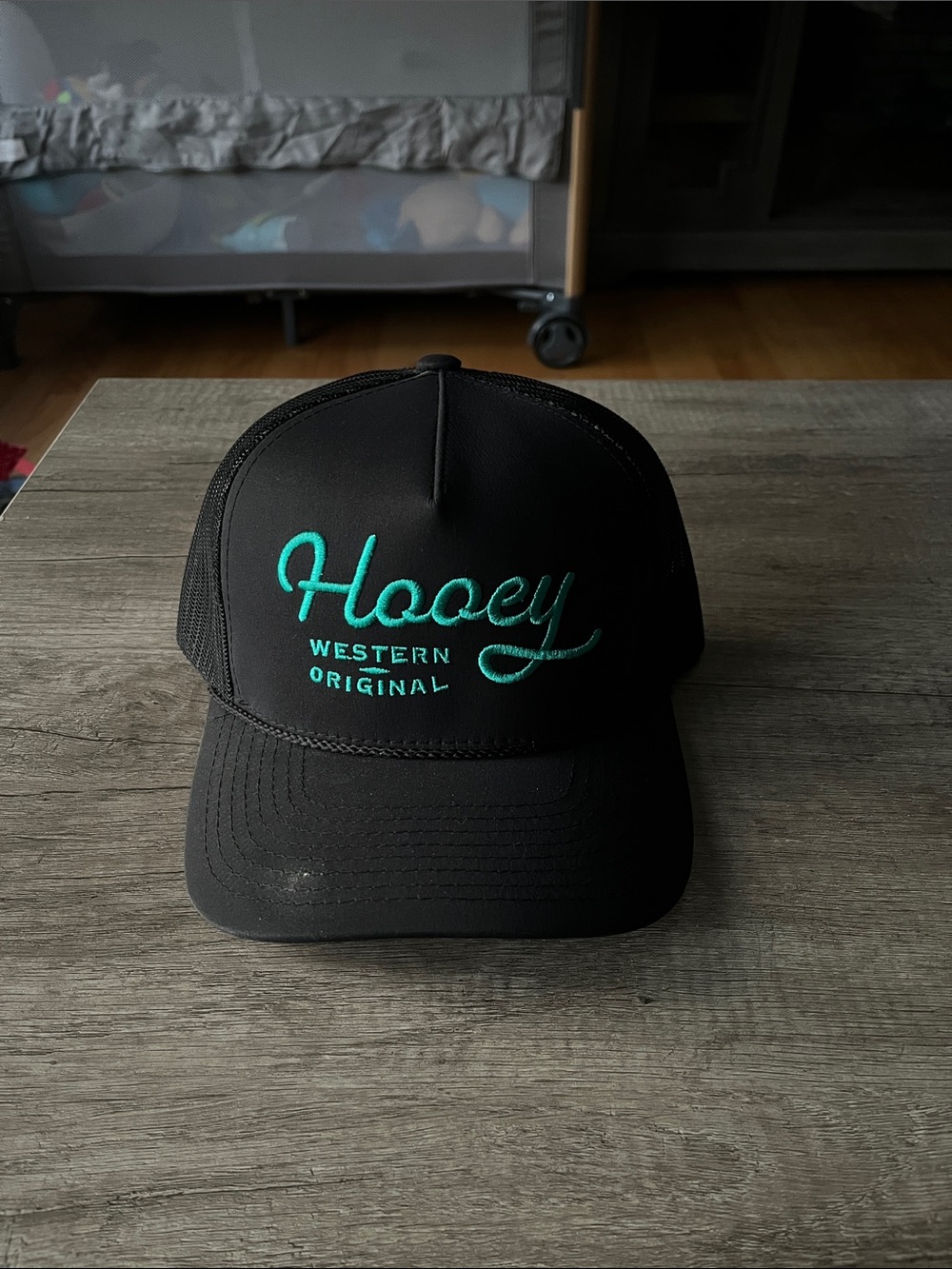 Hooey Black Trucker Hat with Teal Script Logo
